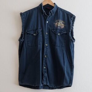 Vintage Sturgis Biker's Edge Sleeveless Denim‎ Shirt 2009 Rally Men's L Frayed